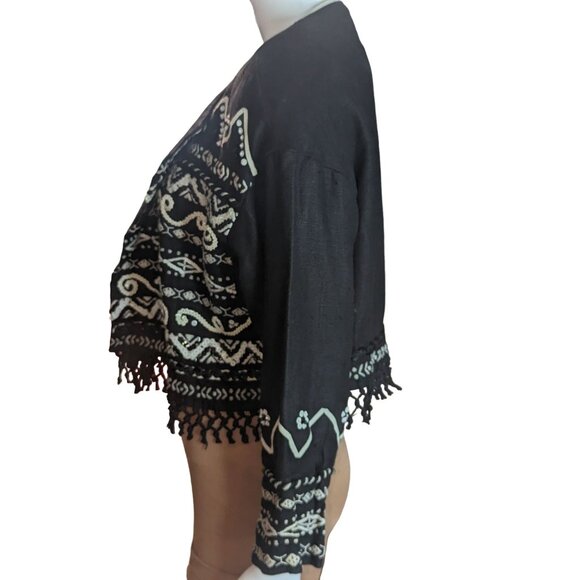Vintage DKNY Boho Festival Boxy Cropped Beaded & Fringe Jacket 100% Linen Sz M - Picture 6 of 13